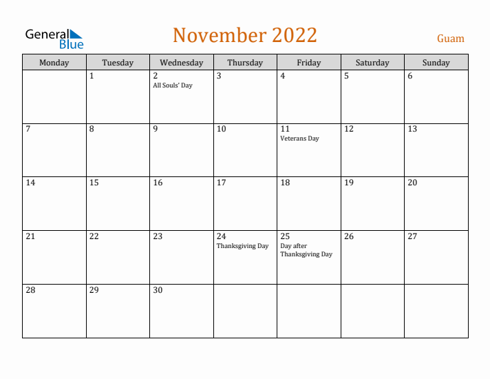 November 2022 Holiday Calendar with Monday Start