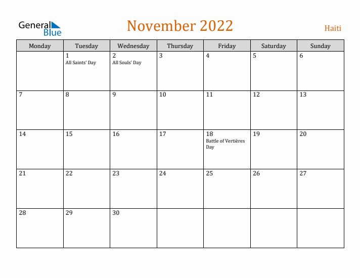 November 2022 Holiday Calendar with Monday Start