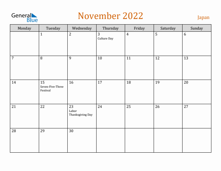 November 2022 Holiday Calendar with Monday Start