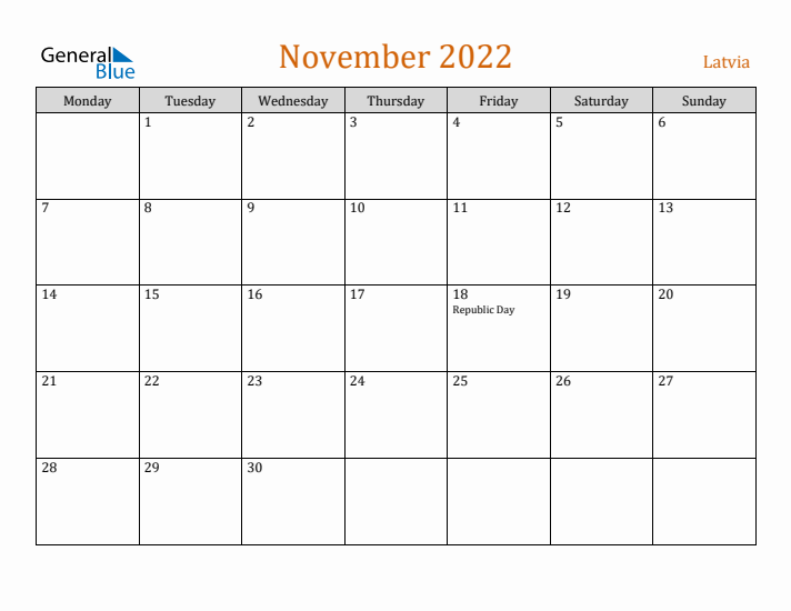 November 2022 Holiday Calendar with Monday Start