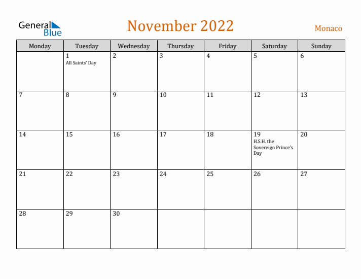 November 2022 Holiday Calendar with Monday Start