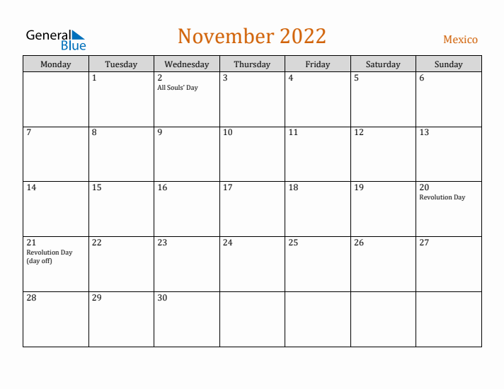 November 2022 Holiday Calendar with Monday Start