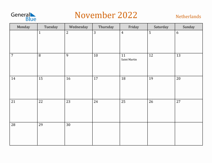 November 2022 Holiday Calendar with Monday Start