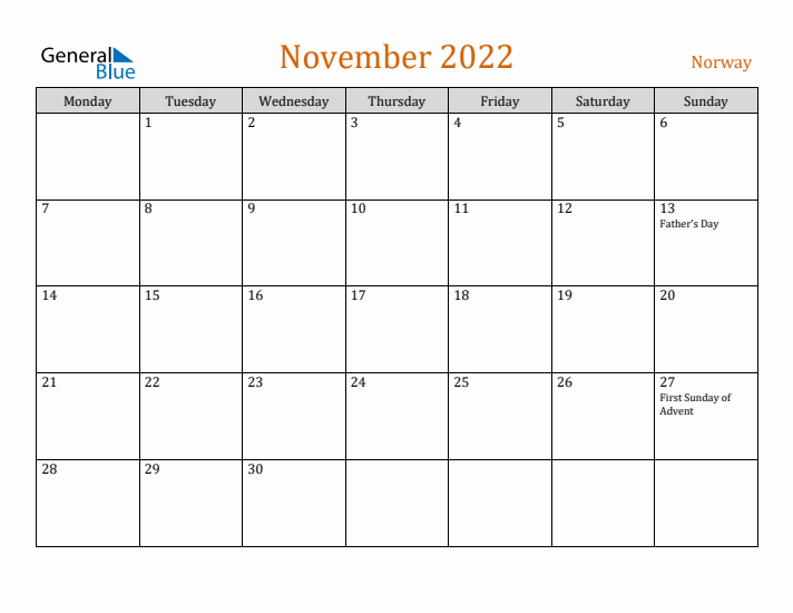 November 2022 Holiday Calendar with Monday Start