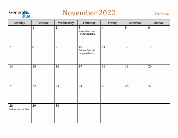 November 2022 Holiday Calendar with Monday Start