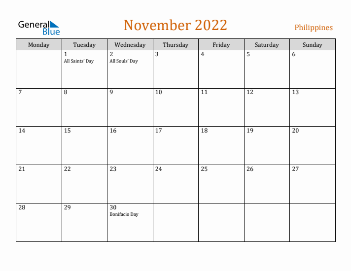 November 2022 Holiday Calendar with Monday Start