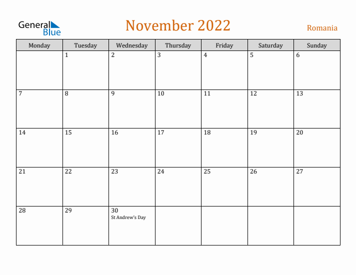 November 2022 Holiday Calendar with Monday Start