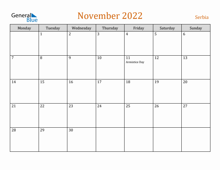 November 2022 Holiday Calendar with Monday Start