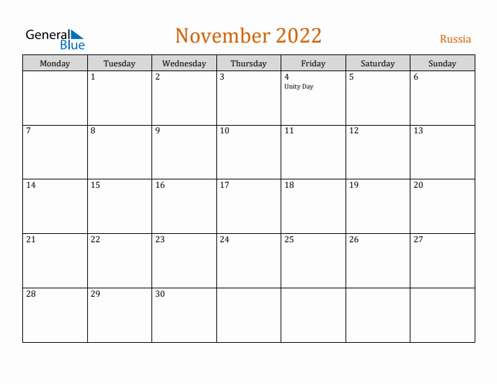 November 2022 Holiday Calendar with Monday Start