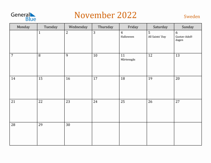 November 2022 Holiday Calendar with Monday Start