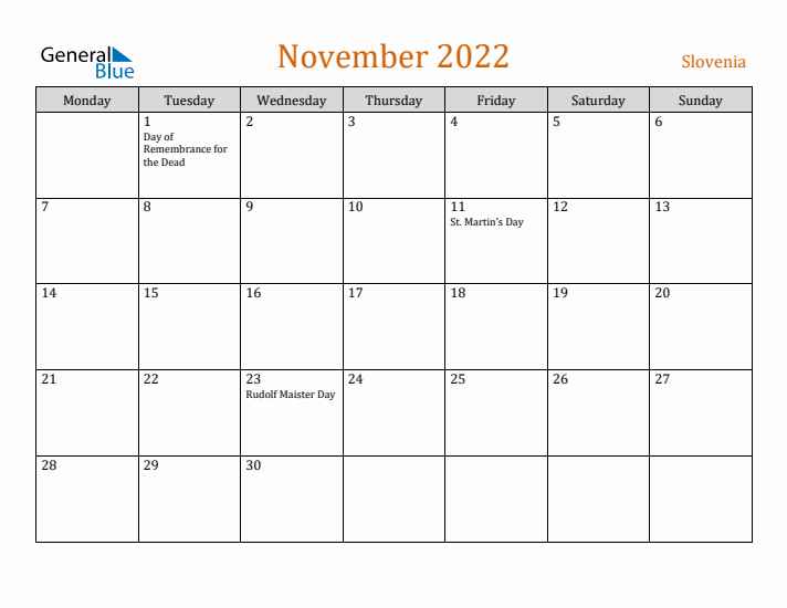 November 2022 Holiday Calendar with Monday Start