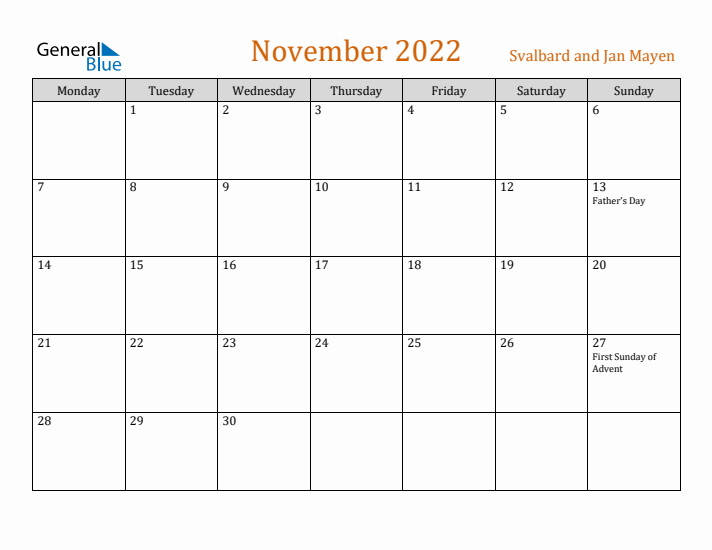 November 2022 Holiday Calendar with Monday Start