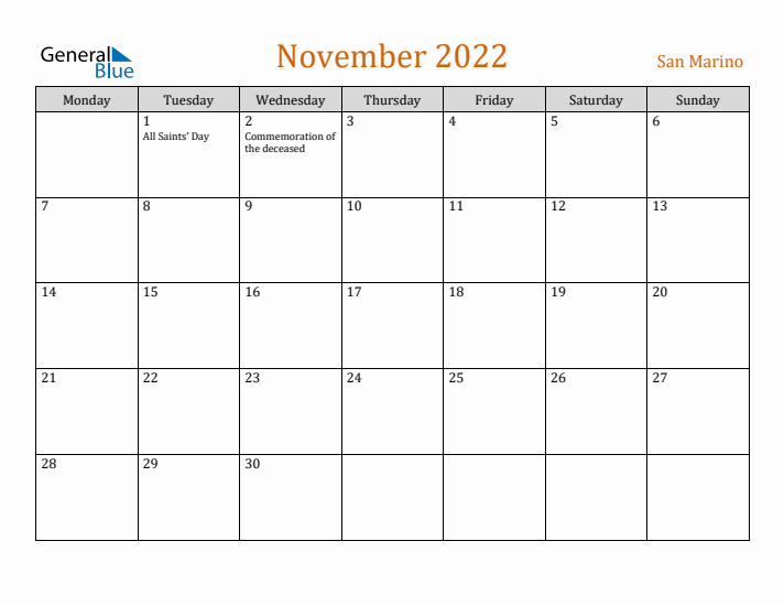 November 2022 Holiday Calendar with Monday Start