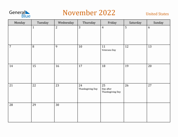 November 2022 Holiday Calendar with Monday Start