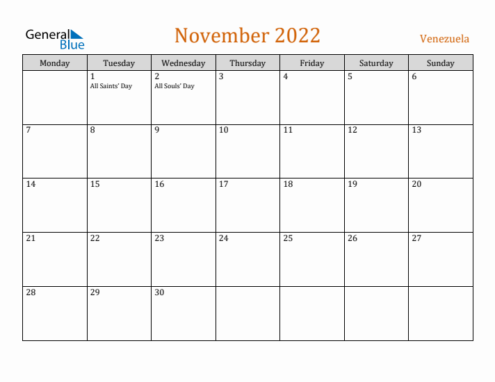 November 2022 Holiday Calendar with Monday Start