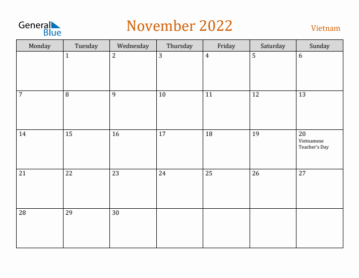 November 2022 Holiday Calendar with Monday Start