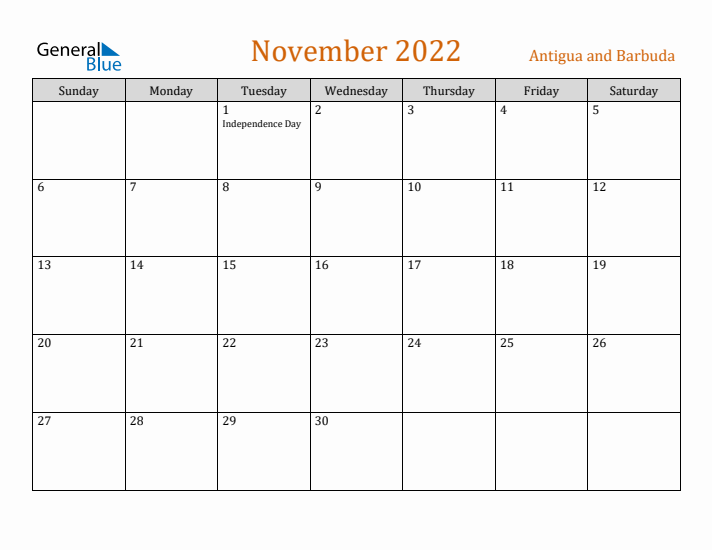 November 2022 Holiday Calendar with Sunday Start