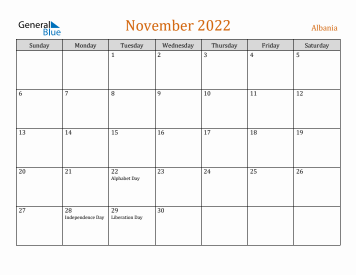 November 2022 Holiday Calendar with Sunday Start