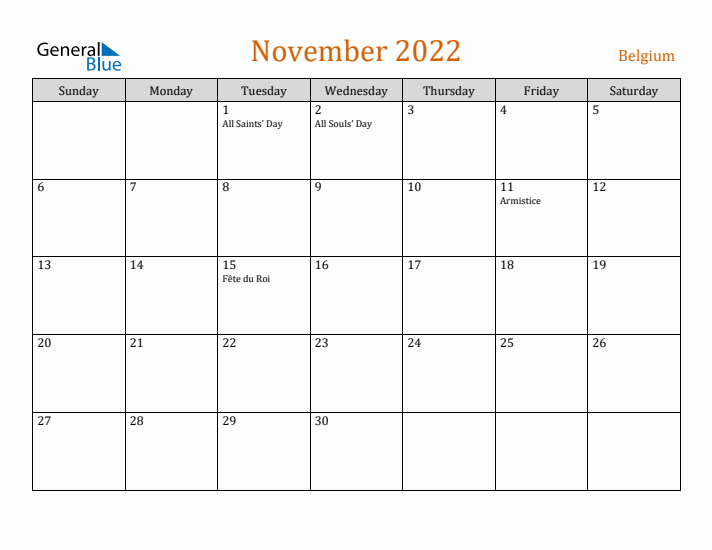 November 2022 Holiday Calendar with Sunday Start