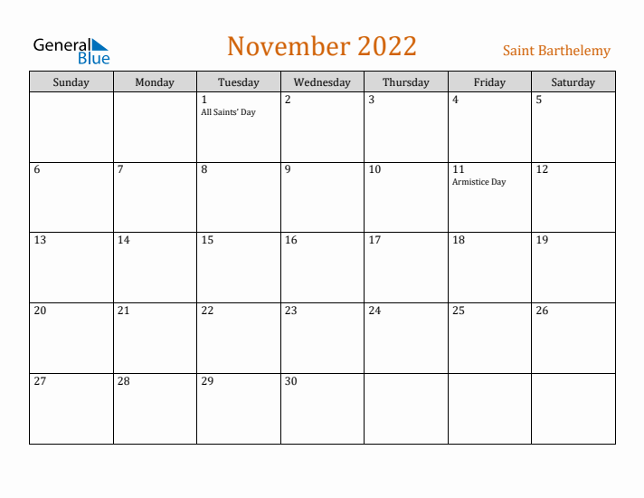 November 2022 Holiday Calendar with Sunday Start