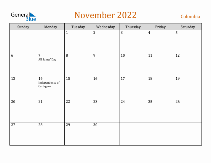 November 2022 Holiday Calendar with Sunday Start