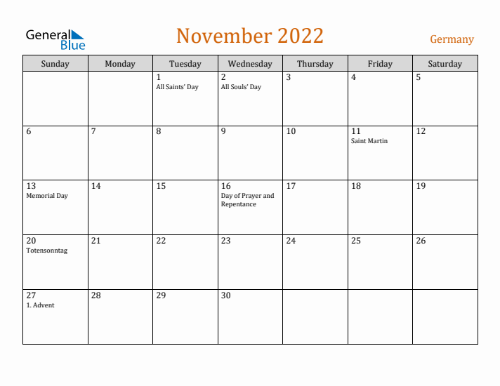 November 2022 Holiday Calendar with Sunday Start