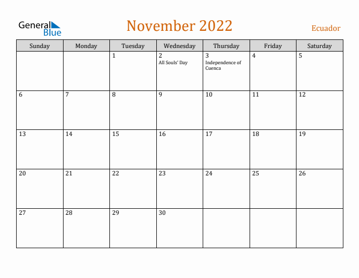 November 2022 Holiday Calendar with Sunday Start