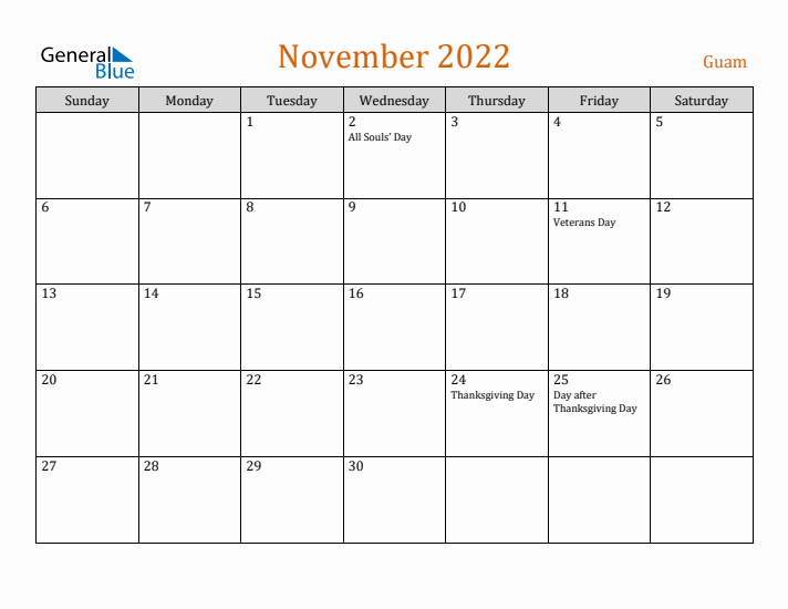 November 2022 Holiday Calendar with Sunday Start