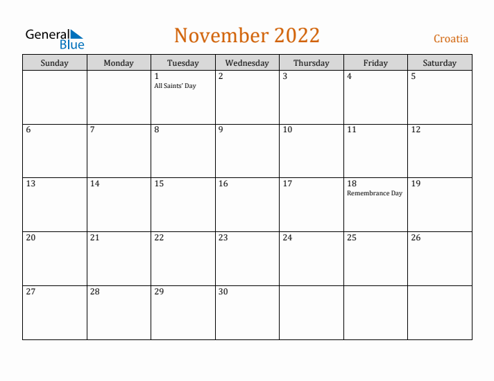 November 2022 Holiday Calendar with Sunday Start