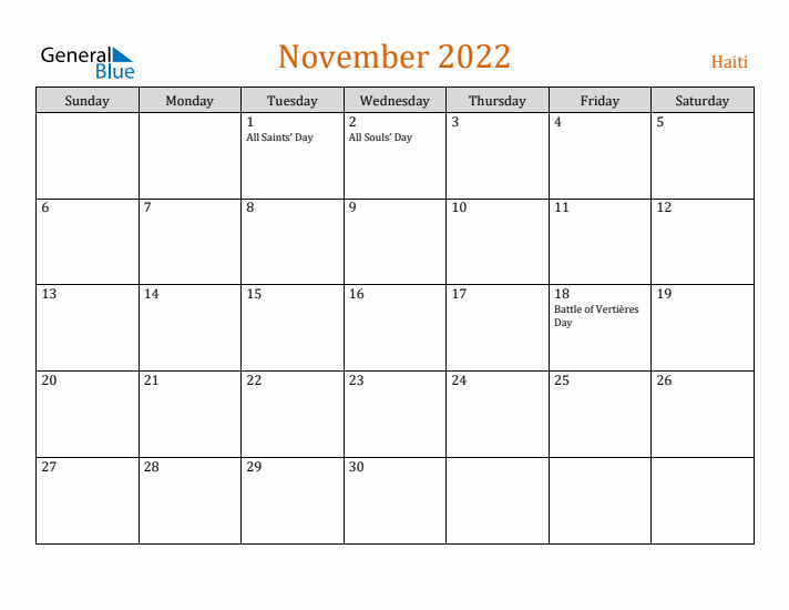 November 2022 Holiday Calendar with Sunday Start