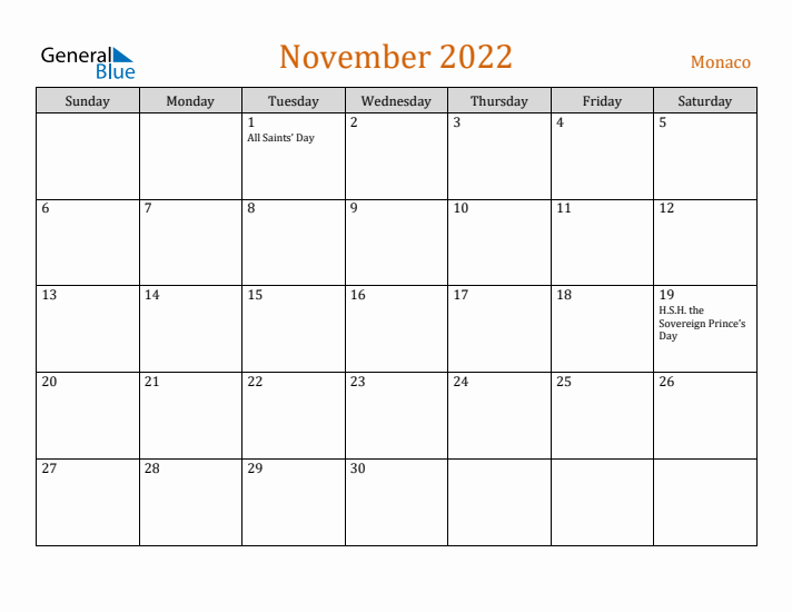 November 2022 Holiday Calendar with Sunday Start