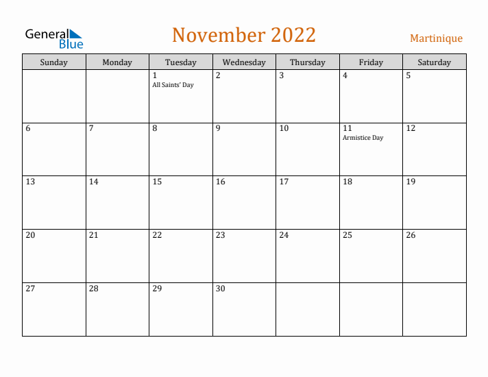 November 2022 Holiday Calendar with Sunday Start