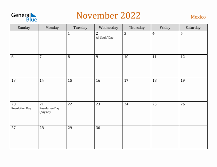 November 2022 Holiday Calendar with Sunday Start