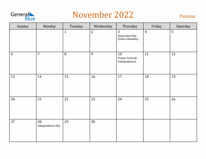 November 2022 Holiday Calendar with Sunday Start