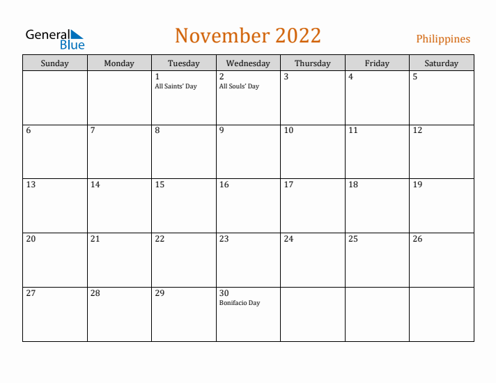 November 2022 Holiday Calendar with Sunday Start