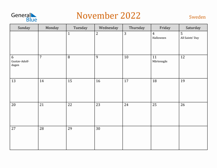 November 2022 Holiday Calendar with Sunday Start