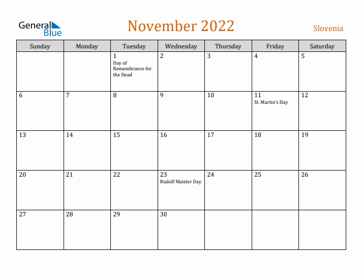 November 2022 Holiday Calendar with Sunday Start