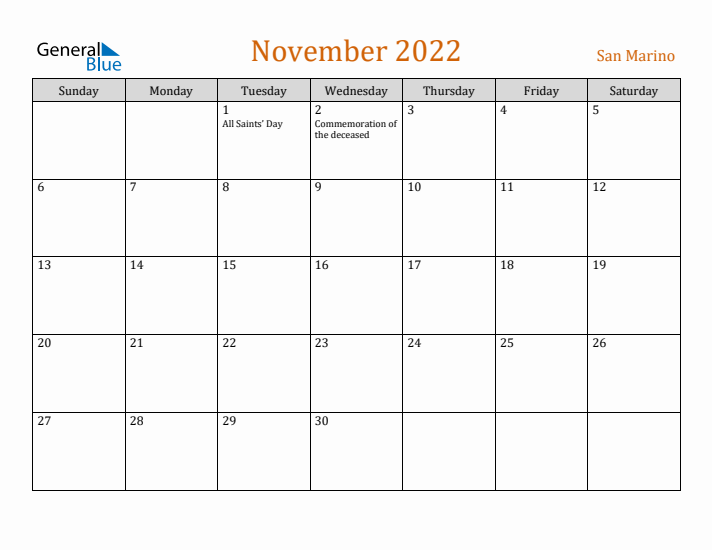 November 2022 Holiday Calendar with Sunday Start