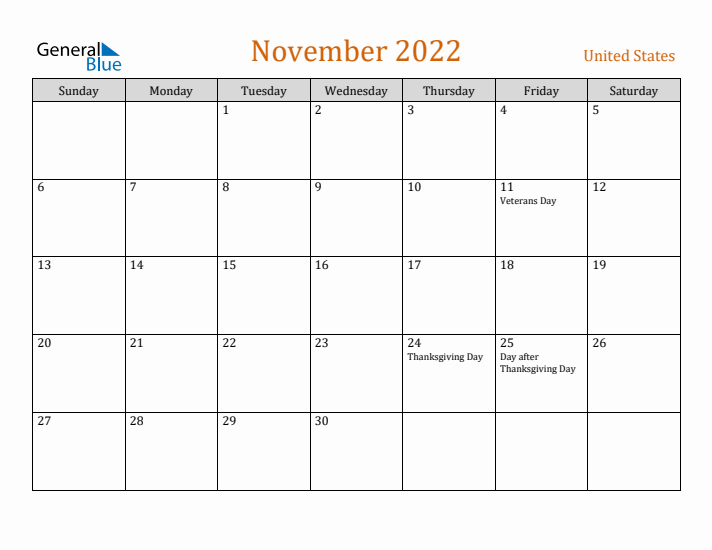 November 2022 Holiday Calendar with Sunday Start