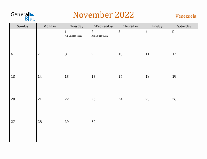 November 2022 Holiday Calendar with Sunday Start