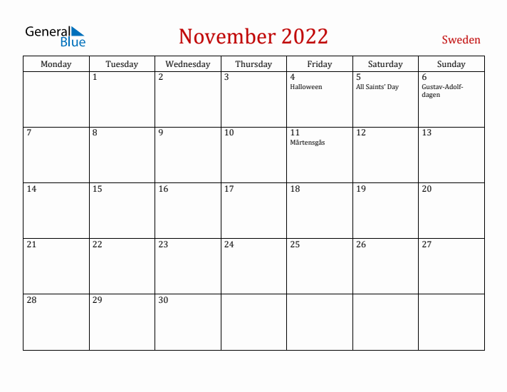 Sweden November 2022 Calendar - Monday Start