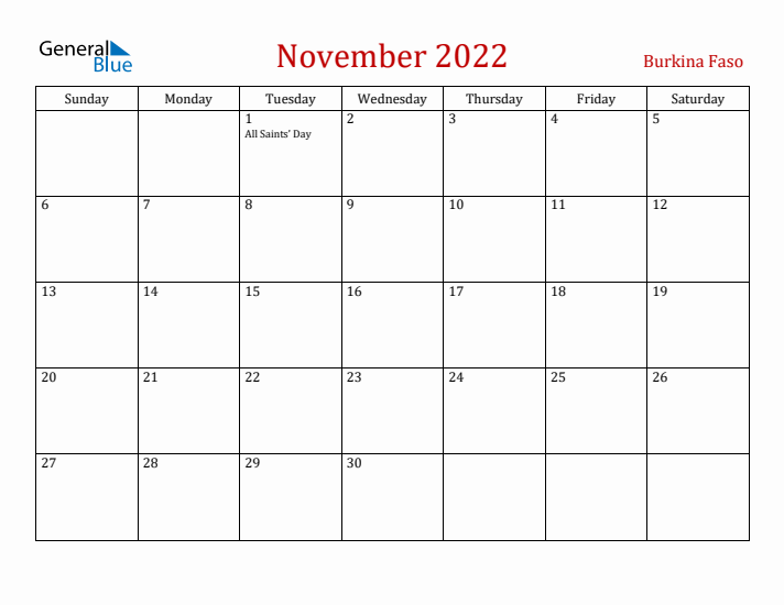 Burkina Faso November 2022 Calendar - Sunday Start