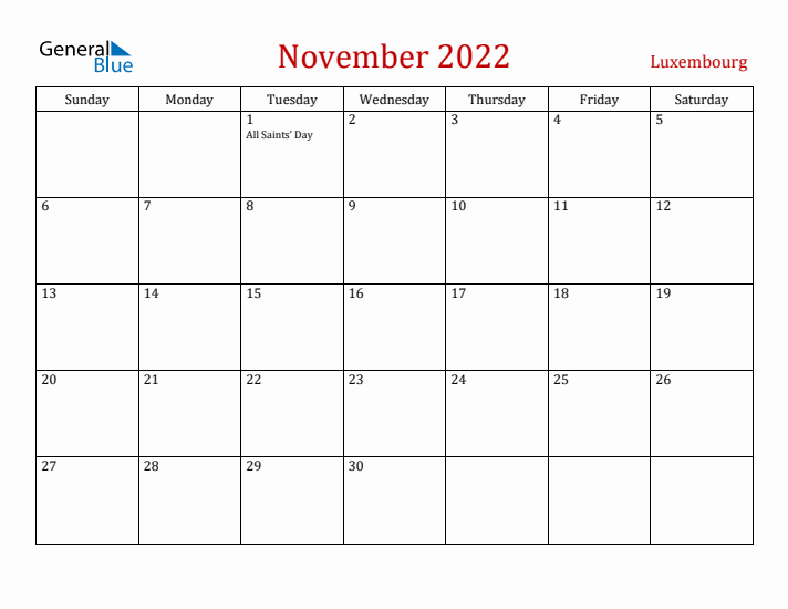 Luxembourg November 2022 Calendar - Sunday Start