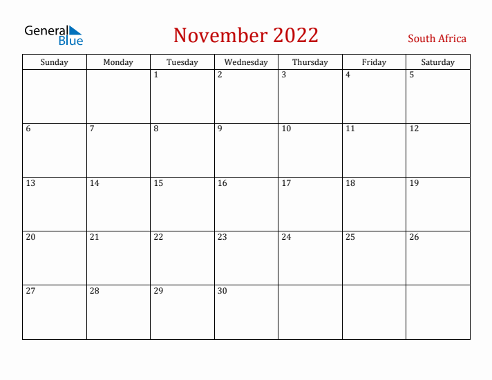 South Africa November 2022 Calendar - Sunday Start