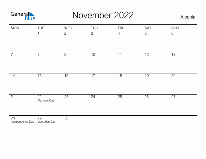 Printable November 2022 Calendar for Albania