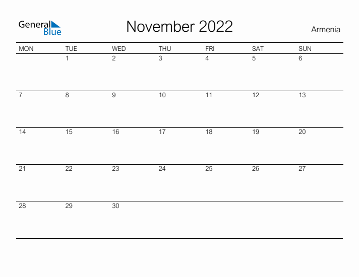 Printable November 2022 Calendar for Armenia