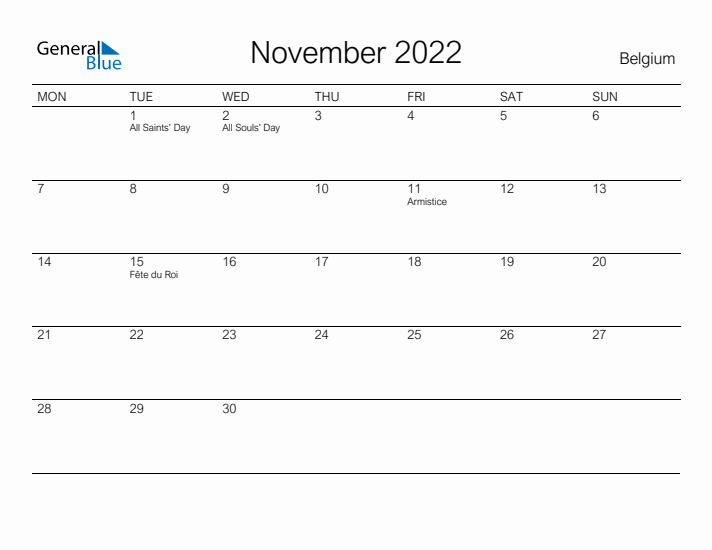 Printable November 2022 Calendar for Belgium