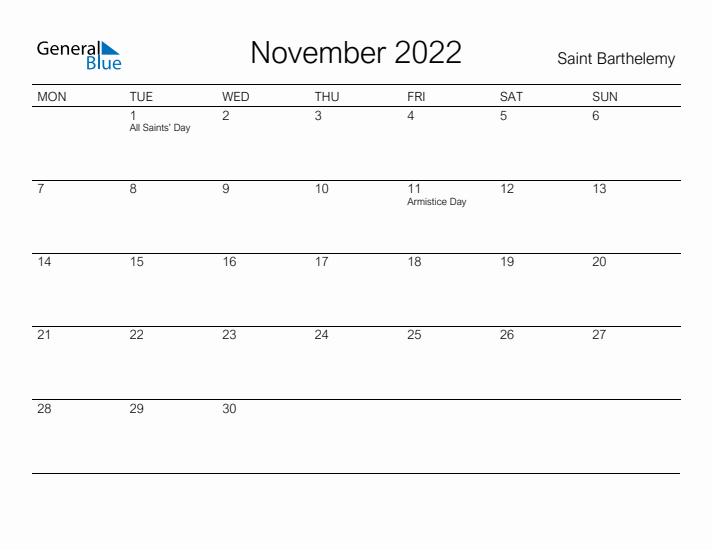 Printable November 2022 Calendar for Saint Barthelemy