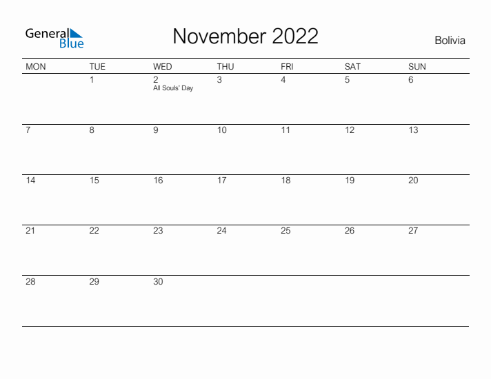 Printable November 2022 Calendar for Bolivia