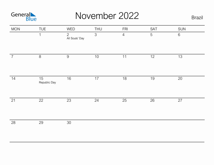 Printable November 2022 Calendar for Brazil